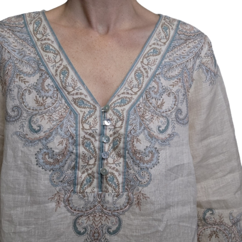Shirt pullover 100% Linen Paisley BOHO Cream color and blues Size S-M J.JILL - Picture 2 of 14